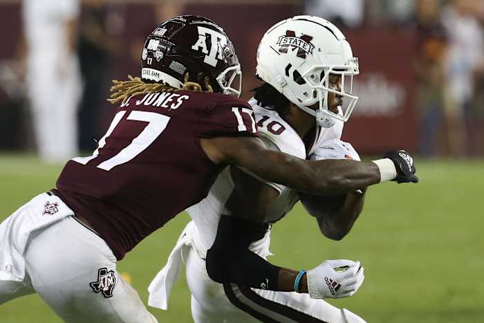 Oct 2, 2021; College Station, Texas, USA; Mississippi State Bulldogs wide receiver Makai Polk (10) is tackled by Texas A&M Aggies defensive back Jaylon Jones (17) in the second half at Kyle Field. Mandatory Credit: Thomas Shea-USA TODAY Sports